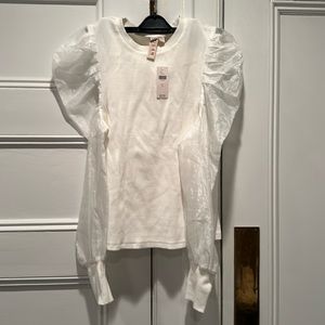 NWT Dolan Left Coast ribbed top with organza puffed sleeves, White, L